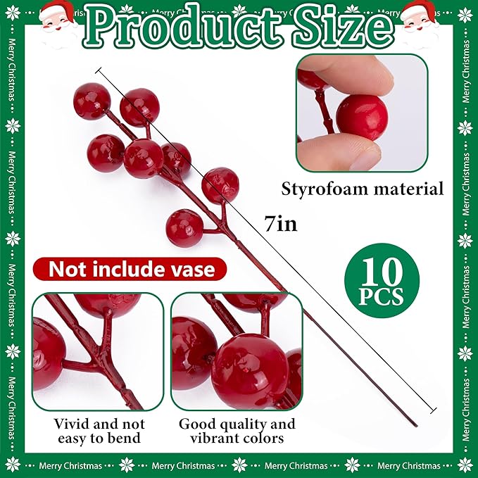 Watayo 45 Pcs Christmas Artificial Pine Branches with Red Berry Stems, 10.5" Faux Evergreen Norfolk Pine Cypress Leaves Stems, Fake Foliage Pine Needles Picks for DIY Craft Garland Home Decor