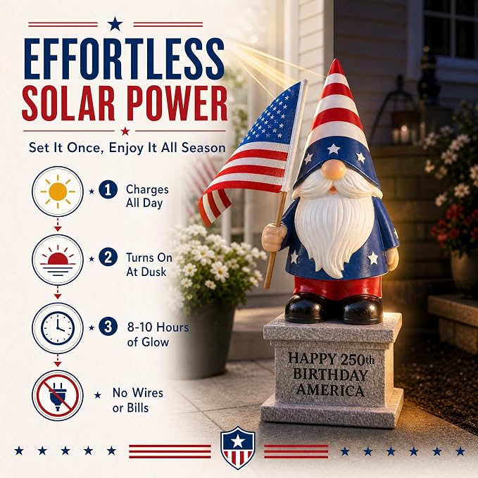 4th of July Garden Gnome with Solar Lantern 12'' Patriotic Resin Statue for Yard, Lawn, Patio - American Flag Outdoor Decoration for Memorial Day & USA 250th Anniversary Independence Day CLEARANCE