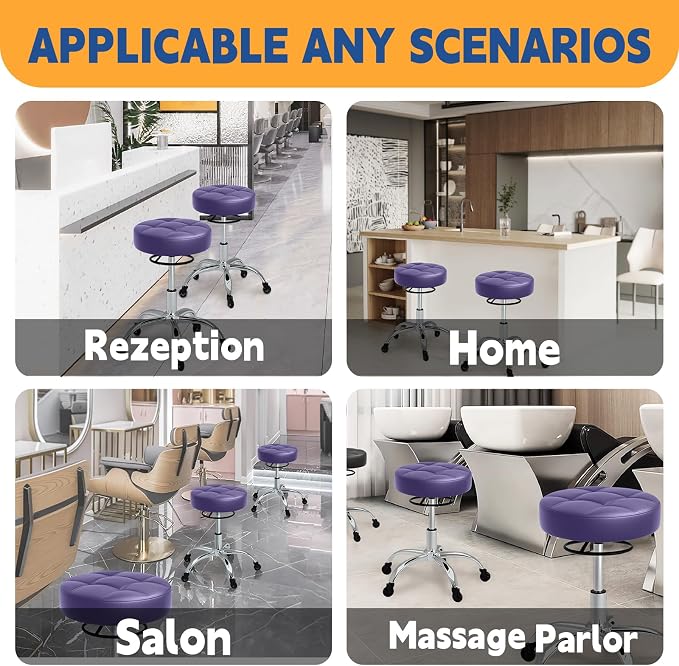 YEEZEE Heavy Duty 400lb Rolling Stool: Super Soft Leather Seat Cushion, 360 Swivel, Height Adjustable, No Squeak, No Tip Over, Salon & Spa Stool, Purple