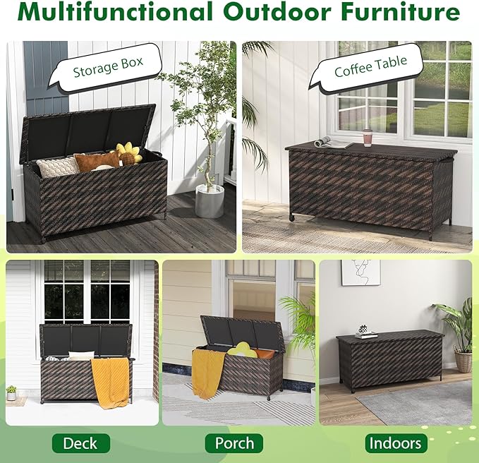 Tangkula Tightly-Woven Rattan Deck Box, Patiojoy Storage Cabinet Container with Polyester Liner, Universal Wheels & Gas Strut, 85 Gallon Indoor Outdoor Storage Box for Pillows, Cushions (Brown)