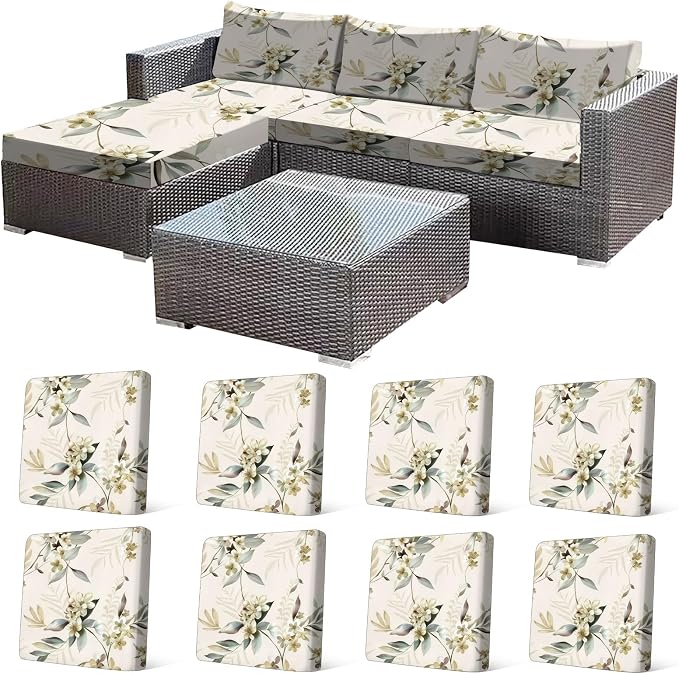 CALBODE 8 Pcs Stretch Outdoor Seat Cushion Covers, Washable Chair Seat Cover for Patio Furniture Cushions Soft Indoor and Outdoor Couch Cover Replacement (Beige Botanical, Cover Only)