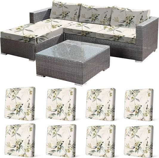 CALBODE 8 Pcs Stretch Outdoor Seat Cushion Covers, Washable Chair Seat Cover for Patio Furniture Cushions Soft Indoor and Outdoor Couch Cover Replacement (Beige Botanical, Cover Only)