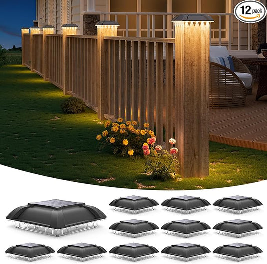 Solar Post Cap Lights Outdoor 12pack - Downward Lighting Waterproof Deck Fence Post Solar Lights for 4x4 Wooden/Vinyl Posts, Warm White Glow, Ideal for Deck Edges/Stair Railings/Porch/Backyard Fence