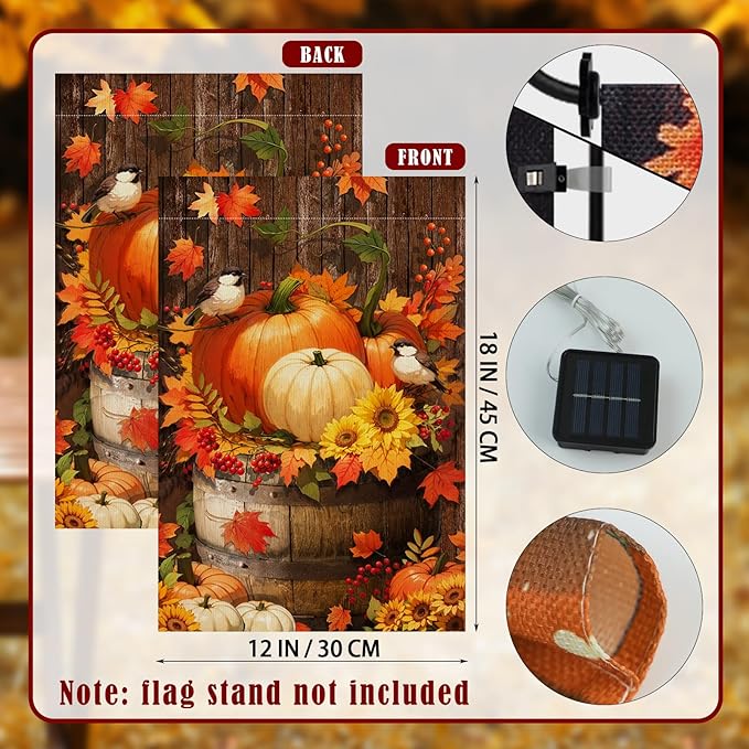 Lighted Pumpkin Fall Garden Flag 12 x 18 Inch Double Sided Burlap Led Autumn Watercolor Bird Garden Flag for Party Yard Outdoor Decoration