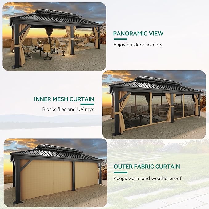 YITAHOME 12X18FT Meatl Hardtop Gazebo Metal Double Roof Canopy Galvanized Iron 4.7X4.7'' Aluminum Pillar Garden Tent Curtains Netting for Patios Backyards Decks Lawns