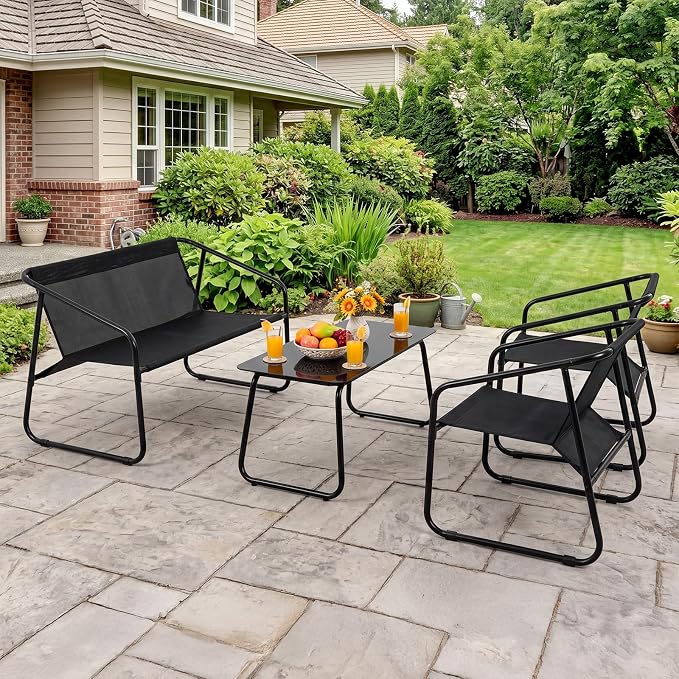 DUMOS 4 Piece Patio Furniture Set，Outdoor Patio Furniture Set with Table, patios Table and Chairs Sets, Sectional Bistro Sets for Lawn, Garden, Pool, Balcony, Poolside