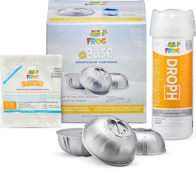 FROG @Ease Replacement SmartChlor Cartridge 3 Pack with pH and Total Alkalinity Decreaser & 1 Pack of Maintain for use with Hot Tub FROG @Ease Floating System