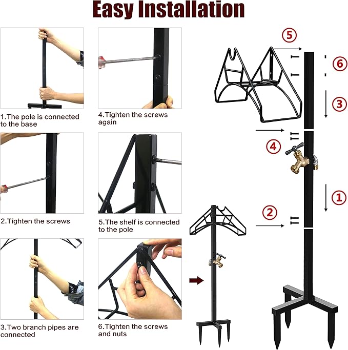 Artigarden Freestanding Outdoor Garden Hose Holder Stand with Brass Faucet, Heavy Duty Metal Water Hose Reel Storage Stake Rack for Backyard, Black (Hose not Included)
