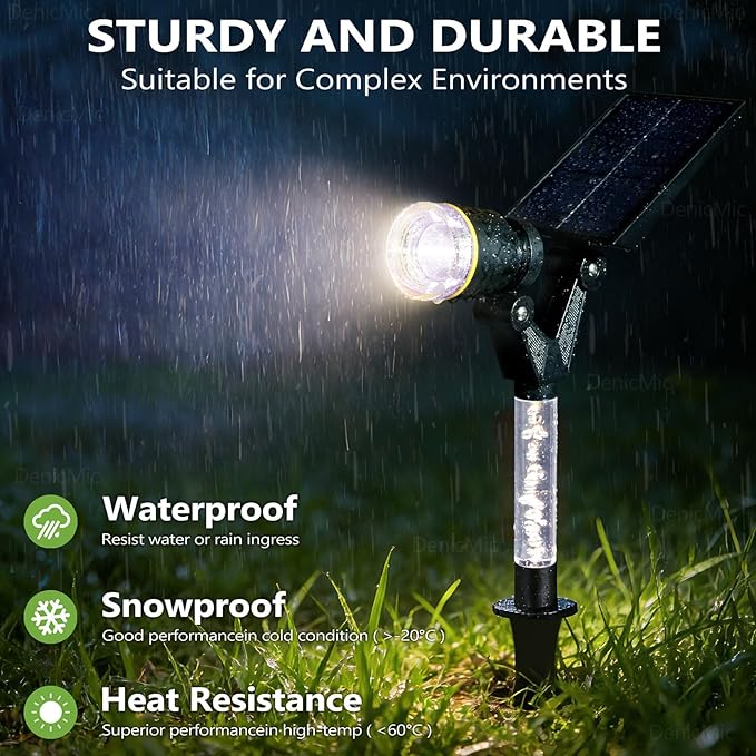 DenicMic Solar Spot Lights Outdoor Waterproof 6000K Cold White Lens LED Adjustable Angle Solar Lights Outdoor for Yard Garden Patio Wall Landscape Lighting Outside 4 Pack