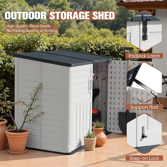 TUOZE 34 Cu Ft Resin Storage Shed, Waterproof Outdoor Storage Cabinet with Sloping Roof & Lockable Lid for Garden Tools, Trash Cans (Beige)