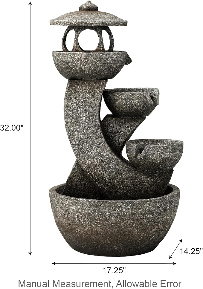 Glitzhome Pagoda Outdoor Water Fountain with LED Light, 4-Tier Oversized Cascading Stacked Stone Waterfall Fountains, Natural Stone Look Outdoor Fountain for Garden Patio Porch, 32”H