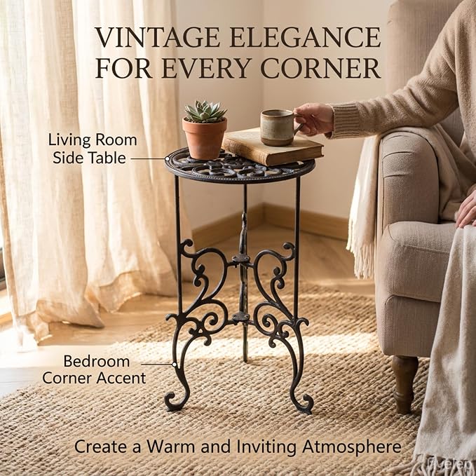 Vintage Scrollwork Cast Iron Plant Stand, Black, 22.6 x 9.3 x 22 Inch, Heavy-Duty Oval Top, Indoor Outdoor Use (19.3" Tall Circular Pattern)