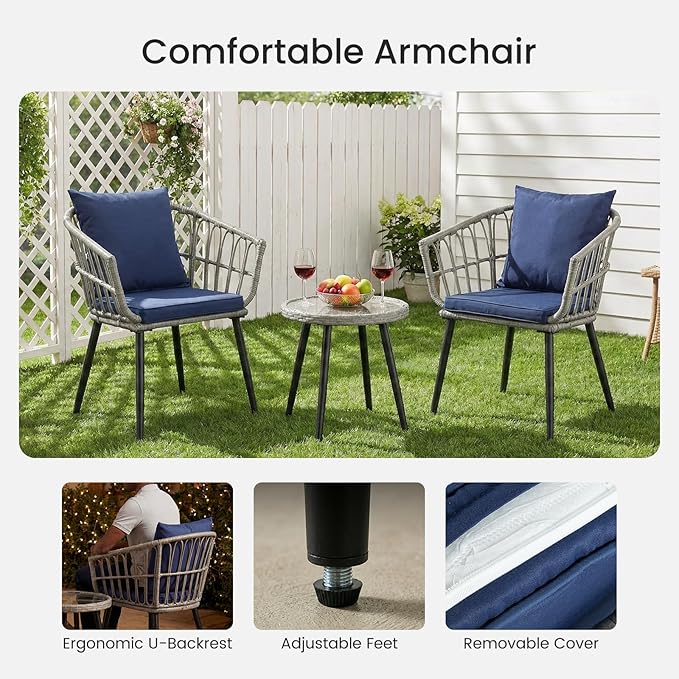 DUMOS 3 Pieces Outdoor Bistro Set, All-Weather PE Rattan Patio Furniture Set with Cushions, Steel Frame Table and Chairs for Balcony, Apartment, Porch, Grey