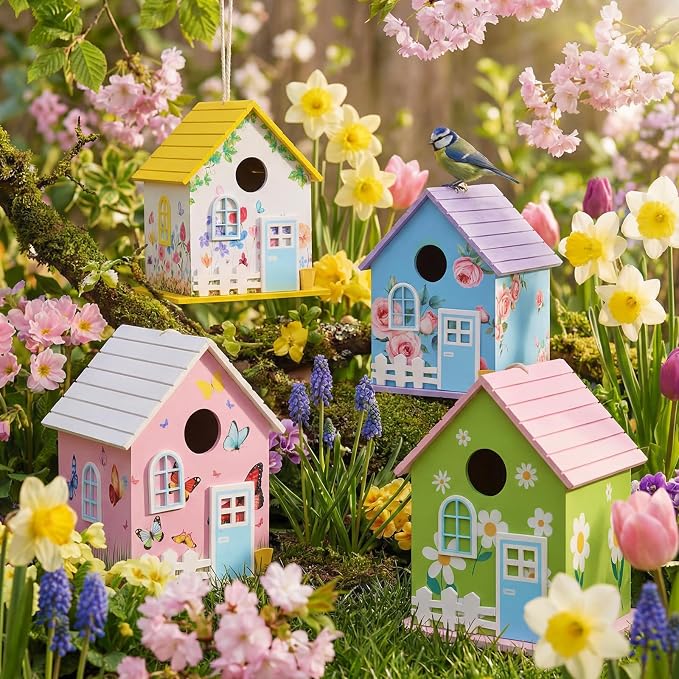 DoubleFill 4 Pcs Summer Wooden Bird Houses for Outside, Bluebird House, Hanging Nesting Box for Sparrow, Chick adee, Hummingbird Wren Cardinal Swallow Sparrow Finch