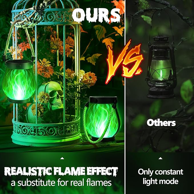 iBaycon 2 Pack Solar Lanterns Lights, Halloween Flickering Flame Garden Lights with 2 Modes Dual Charging USB & Solar, Outdoor Waterproof Hanging Lantern for Party Holiday Halloween Decor (Green)