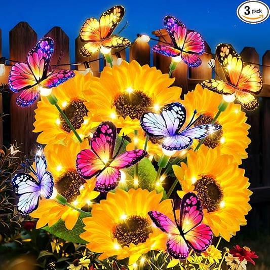 Solar Garden Lights Outdoor, 3 Pack Sunflower Solar Lights with Butterflies, Waterproof Solar Flower Lights For Yard Patio Garden Decor, Auto On/Off Solar Flowers Decorative, Gifts For Mom Women