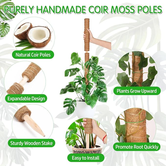 ROADPLUM 4 Pack 21.7" Coco Coir Poles, Stackable Plant Stakes Moss Pole for Plant Monstera with Twist Ties Plant Ties Labels Jute Rope, Plant Sticks Support for Climbing Plants Growth Indoor