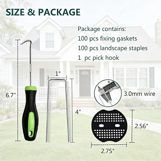 4 Inch 100 PCS Galvanized Landscape Staples with 100 PCS Gaskets, Landscape Fabric Pins Stakes Lawn Ground Cover Graden Staples Spikes Weed Barrier Stakes