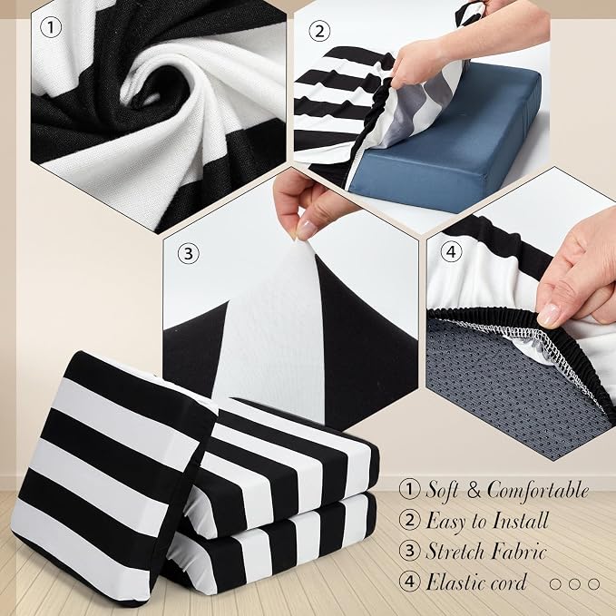 Newwiee 12 Pcs Patio Stretch Outdoor Cushion Covers Sofa Couch Cover Replacement Couch Slipcover Sofa Seat Chair Porch Patio Furniture Protector, Flexibility Washable (Black White,Stripes)