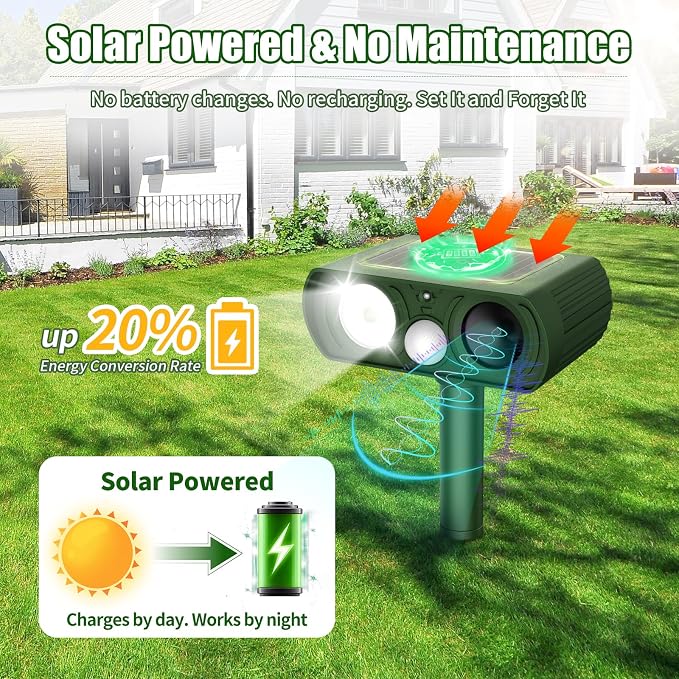 Solar Ultrasonic Animal Repellent, Deer Repellent Devices Waterproof, Cat Repellent Outdoor with Motion Detection Squirrel Skunk Rabbit Dog Raccoon Deterrents Animal Repeller for Yard, 2 Pack, Green