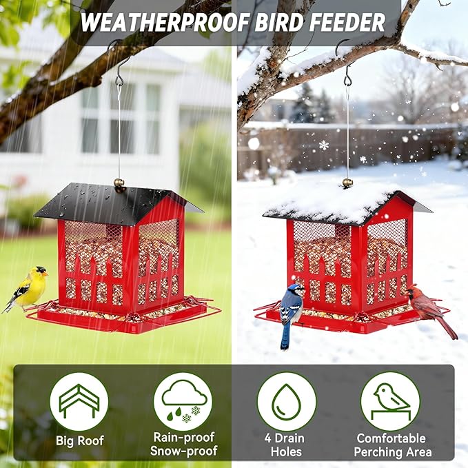 Bird Feeder, Wild Bird Feeders for Outdoors Hanging, Large Bird Feeder with Upgraded Weatherproof Roof for Outside Backyard Garden Decor