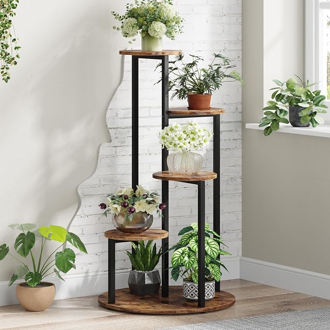 LITTLE TREE 5-Tier Corner Plant Stand, Free Standing Wood Metal Flower Rack Pot Shelf Display with Round Board, Garden Patio Balcony Plant Holder for Indoor Outdoor Living Room, Bedroom, Rustic Brown