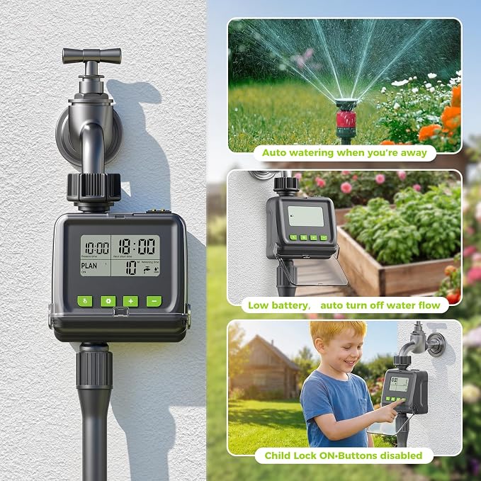 Sprinkler Timer, Watering Timer for Garden Hose, Programmable Hose Faucet Timers with Rain Delay, Outdoor Soaker Automatic & Manual Drip Irrigation Controller System for Lawn Yard Greenhouse