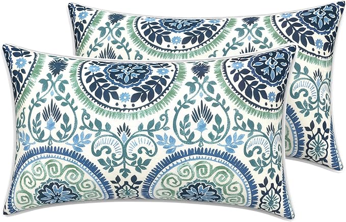 LVTXIII 2 Pack Outdoor Lumbar Pillow Covers 12x20 Inch with Piping, Water-Repellent Back Cushion Covers ONLY for Patio Furniture, Sofa, Garden Bench, Coastal Medallion