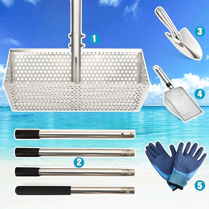 Sand Flea Rake, Stainless Steel Sand Sifter, Shark Tooth Sifter with A 16-Inch Wide Drain Screen for Finding Fleas,Shells and Shark Teeth