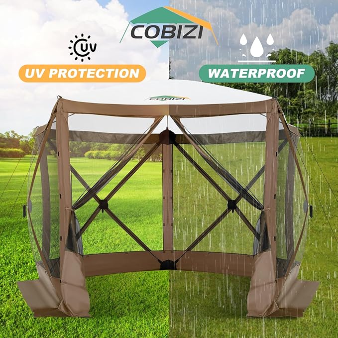 COBIZI 10x10 FT Pop up Gazebo, Popup Canopy Tent,Instant Screened in Gazebos, Waterproof Portable Outdoor Small Screen Tents Sun Shelter,carpas para Patio for Camping, Garden and Backyard,Brown