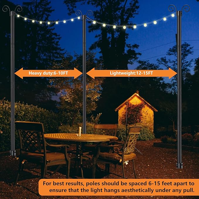 String Light Poles for Outside 9.3 FT - 2 Pack Outdoor Patio Decor Poles for String Lights Hanging, Heavy Duty Auger Ground Anchor, 1.5 inch Diameter Adjustable Metal Post