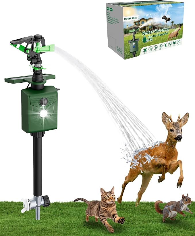 Solar Motion Activated Animal Repellent Sprinkler with Upgraded Metal Stake, Cat Dog Deer Squirrel Skunk Deterrent for Lawn, Garden & Yard