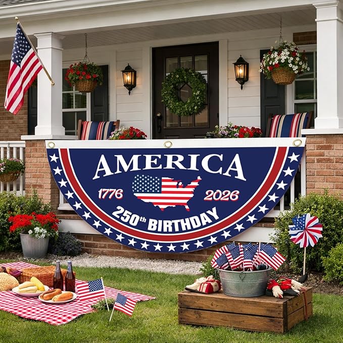 WENWELL 250 year anniversary Birthday Bunting Flag, Patriotic USA Anniversary Fan Banner 1776-2026, 2x4 FT, Navy Blue Red White, with Brass Grommets 2 Pack