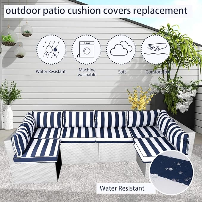 Outdoor Cushion Covers for Patio Furniture, Patio Cushion Covers Replacement with Zipper, Waterproof & Fade Resistant,Only Cover (Blue and White Stripes, 25.6Lx25.6Wx4H - Only Covers)