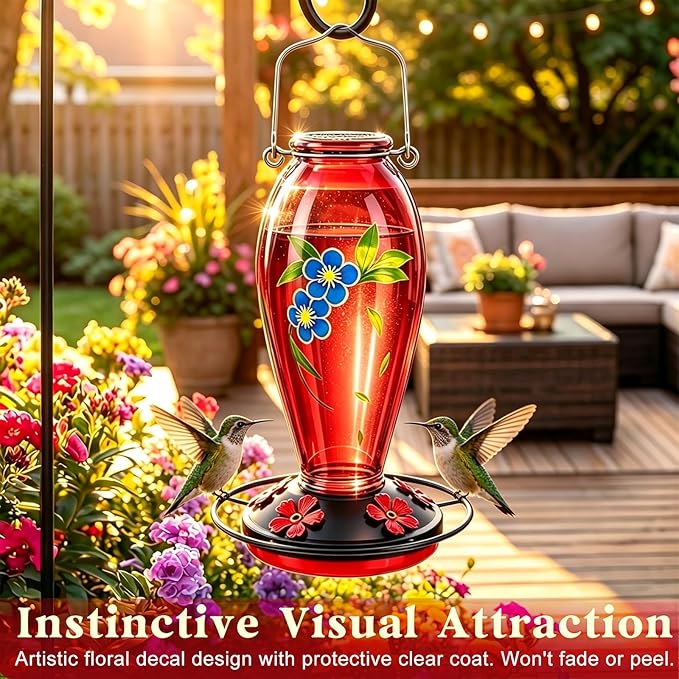 24 OZ Hummingbird Feeder for Outdoors Hanging, Heavy-Duty Thick Glass Humming Bird Feeder with Floral Decals, Leak-Resistant Metal Base with 5 Feeding Ports & Perch, Decorative Garden Deco(Red)