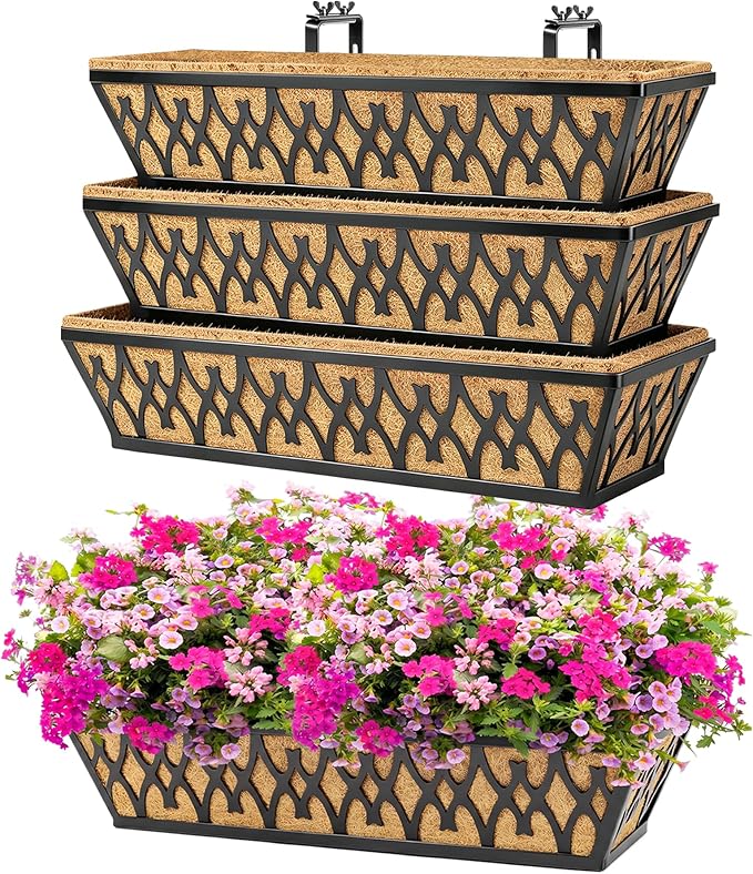 4 Pack 24 Inch Window Boxes Planters for Outdoor Plants Railing Planter Box with Adjustable Brackets for Windowsill Porch Fence Patio Hanging Flower Coco Baskets for Outside Decoration - Black