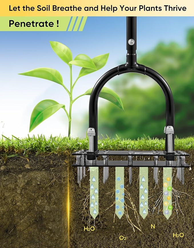 Sakerplus Aerator Lawn Tool, Hand Metal Spike Lawn Aerator with Rebounce Spring Base, Automatic Leaf and Dirt Cleaning, Grass Aerator for Lawn Care, Soil Loosening, Yard Aerating (Black Handle)