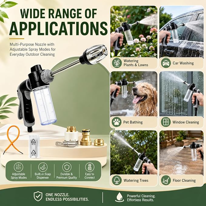 Hose Pressure Washer, 3 Spray Modes & Foam Hawk for Car Washing, Patios, & Furniture Cleaning, Universal and Easy to Install