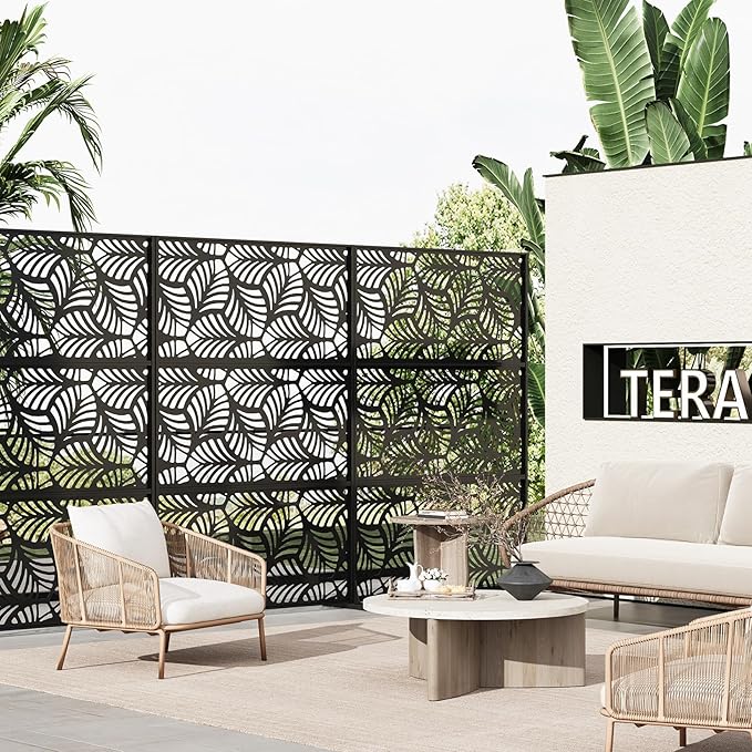 72" h × 47" w Outdoor Privacy Screen, Laser Cut Metal Garden Divider Panel with Tropical Leaf Design, Freestanding Weatherproof Privacy Fence for Patio Deck Backyard Balcony