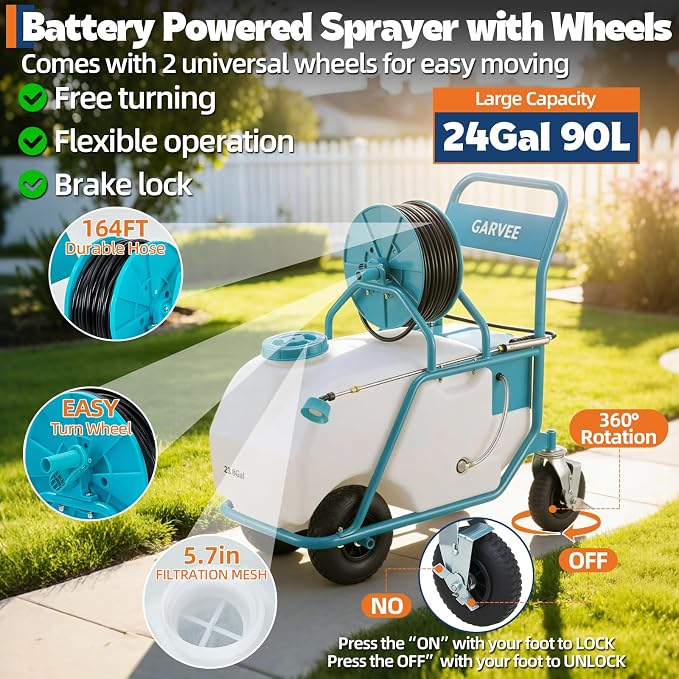 Garvee 24 Gallons Battery Powered Sprayer with Wheeled Cart, 12V 12Ah Electric Sprayer with 6 Nozzles & 2 Wands, 5-6 Hour Runtime, 90PSI Adjustable Pressure, Trigger Lock, Yard Sprayers for Lawn