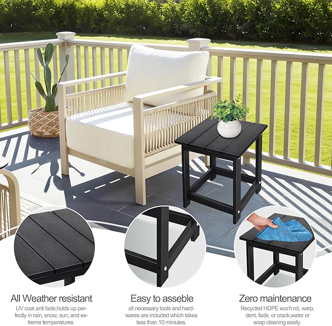 LZRS Square Patio Side Table, Heavy Duty HDPE Outdoor End Table with Wood Texture, Weatherproof Composite Table for Adirondack Chairs, Deck, Pool, Indoor/Outdoor, No Peeling or Cracking(Black)