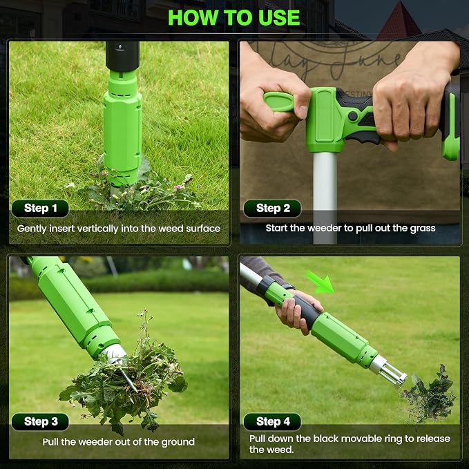 Electric Stand Up Weed Puller Tool with 3.0Ah Battery, Deep Root Removal Adjustable Handle Weeding Tool, Garden Electric Weed Puller with 3-Claw Steel Head for Dandelion, Lawn, Garden,Yard and Farm