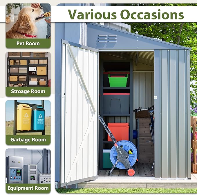 KEIKI Storage Shed 4x7 FT, Small Metal Tool Shed for Outdoor Storage, Galvanized Steel Garden Shed with Lockable Doors for Patio, Backyard, Lawn, Grey