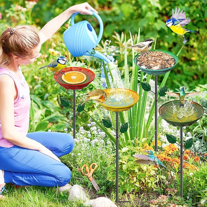 4PCS Metal Bird Bath for Outdoors with Stake, 2-in-1 Hummingbird Bird Bath & Bird Feeder, Metal Birdbath Bowl, Outdoor Bird Bath Decor for Garden Yard Lawn Backyard Patio (Datura)