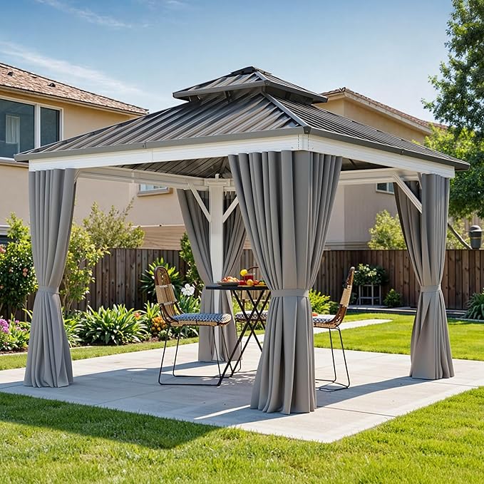 DWVO 10x10ft Hardtop Gazebo Double Roof Outdoor Galvanized Roof Aluminum Frame White Gazebo with Netting and Curtain Garden Tent for Patio, Backyard Deck
