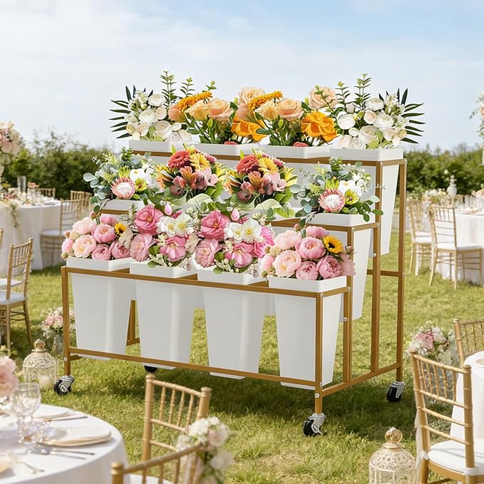 PeakPursuit 3-Tier Metal Flower Display Stand with 12 Square Plastic Buckets and Wheels,Flower Display Cart for Indoor and Outdoor Use, Gold
