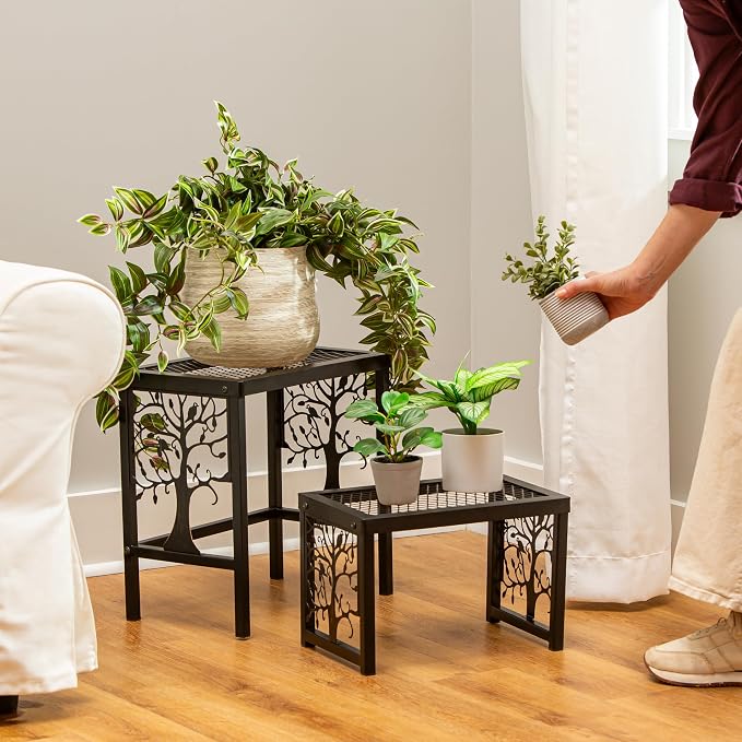 Evergreen Garden Nesting Plant Stands Indoor/Outdoor, Metal Plant Stand for Patio, Porch, Garden, Corner Plant Stands for Indoor Plants (Tree of Life, Set of 2)