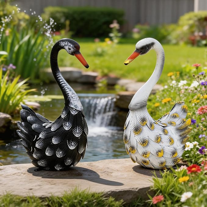 19" Swan Statue Set of 2, Handcrafted Lifelike Metal Swan Sculptures with Ground Stakes, Weatherproof Large Swan Figurines for Garden Patio Yard Decor, Gifts for Women Wedding Housewarming