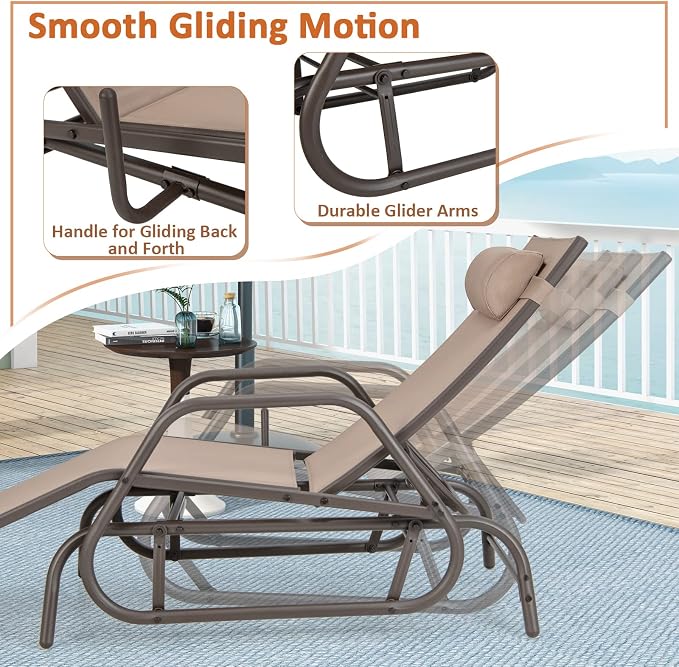 Tangkula Outdoor Glider Recliner Chair, Adjustable Backrest Patio Gliding Lounger Chair with Armrests and Pillow, Outdoor Swinging Rocking Chair w/Breathable Fabric for Poolside, Backyard (2, Brown)
