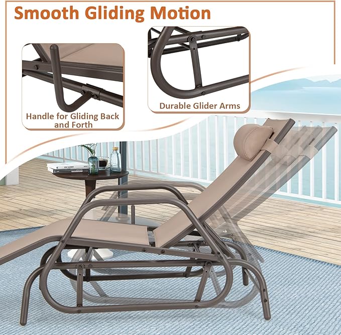 Tangkula Outdoor Glider Recliner Chair, Adjustable Backrest Patio Gliding Lounger with Armrests and Pillow, Outdoor Swinging Rocking Chair w/Breathable Fabric for Poolside, Backyard (1, Brown)
